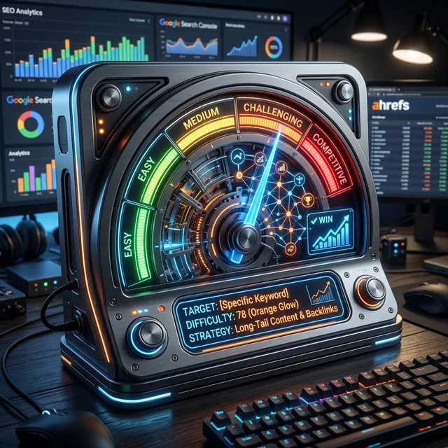Meteran futuristik yang menunjukkan tingkat kesulitan keyword