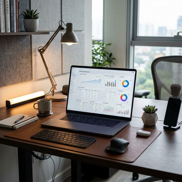 Ruang kerja profesional dengan dashboard data SEO