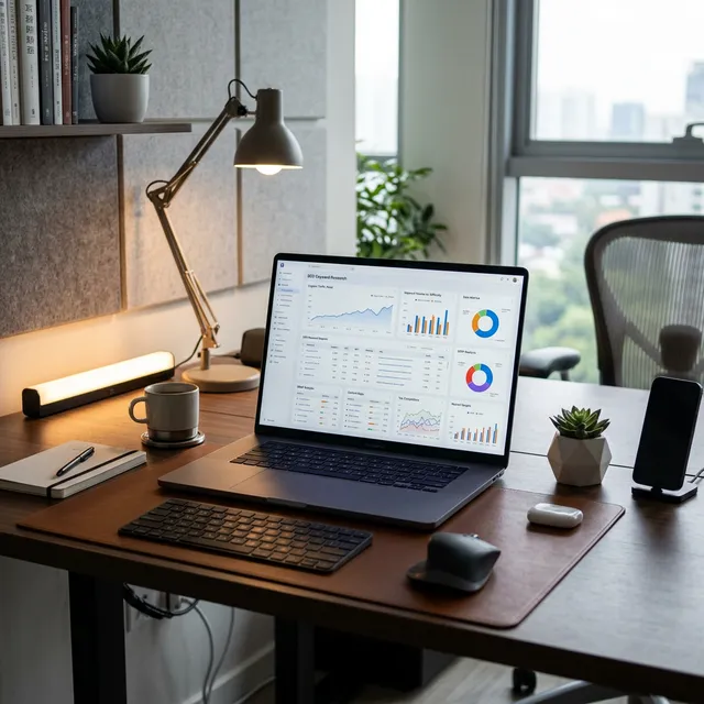 Ruang kerja profesional dengan dashboard data SEO